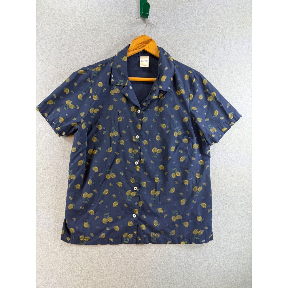 Blair Womens M Navy Lemon Print Short Sleeve Button Up Shirt Summer 3347